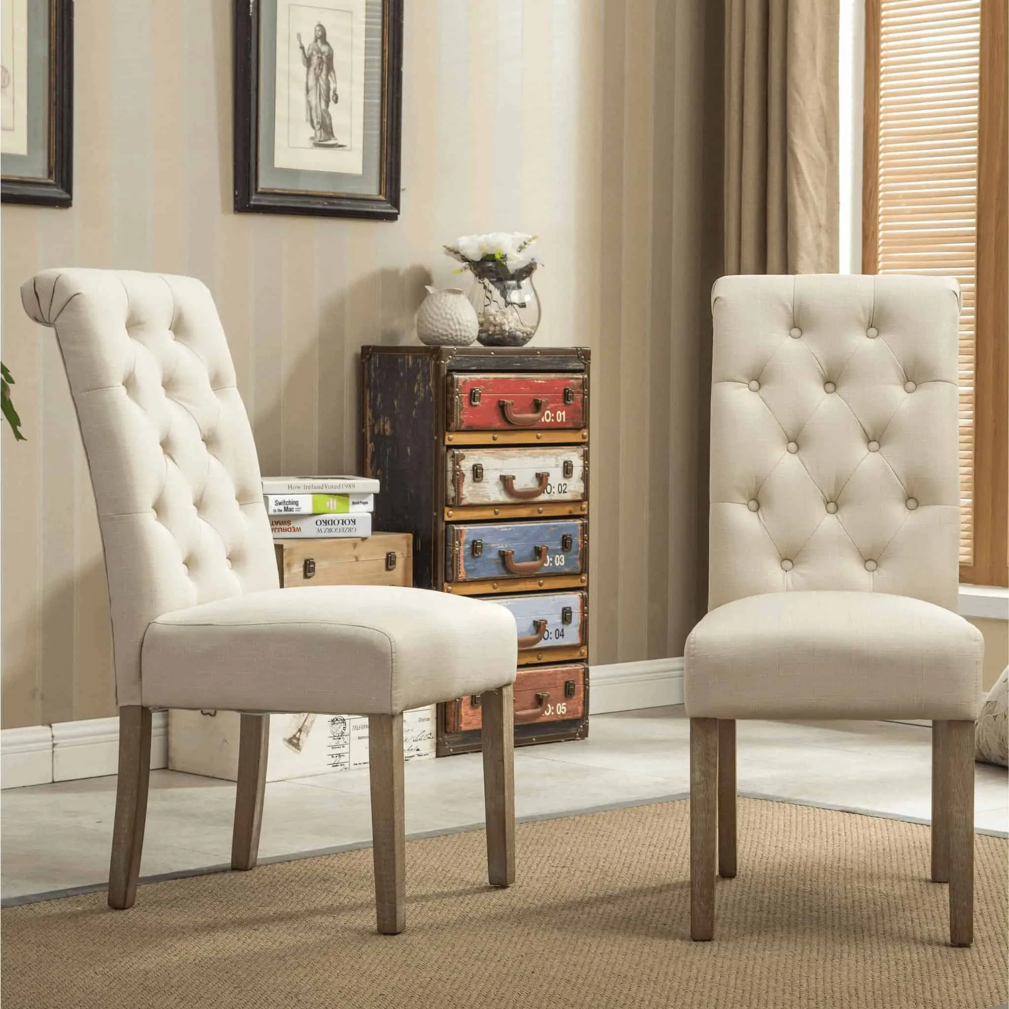 Solid Wood Tufted Dining Chairs White Color