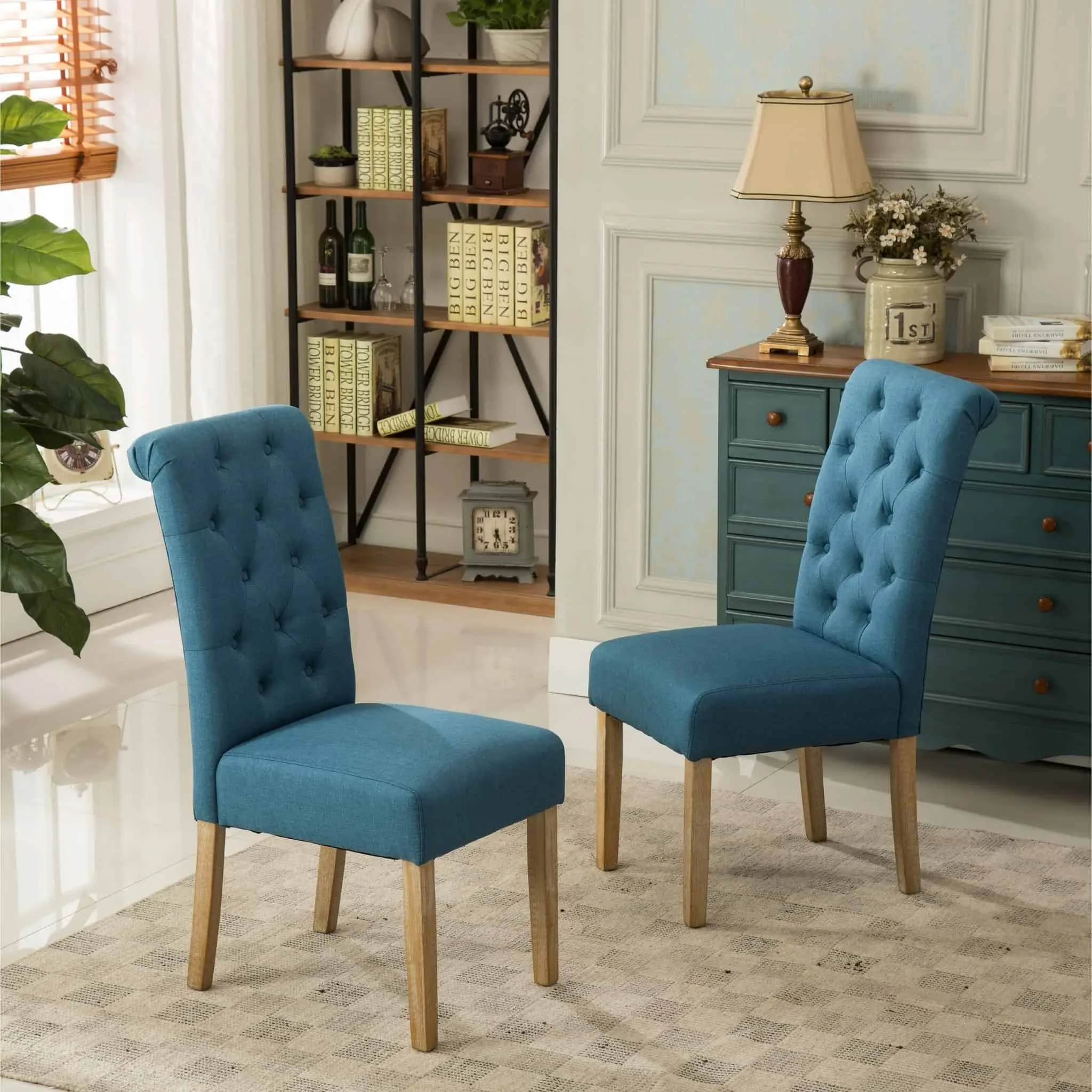 Solid Wood Tufted Dining Chairs Blue Color